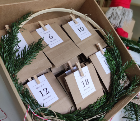 Cardboard shipping box with Christmas decorations Cardboard shipping box with Christmas decorations