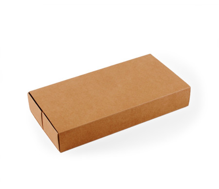 Long cardboard box for sushi with a sleeve.