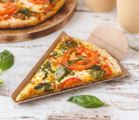 Sturdy pizza holder with tab to prevent burnt fingers.