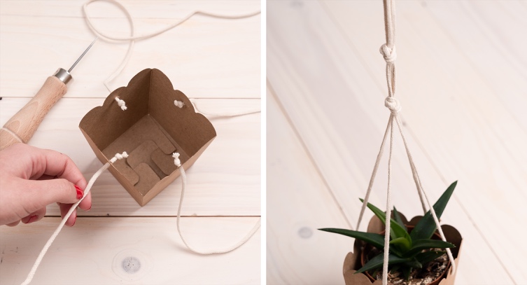 Hanging pots made from recycled cardboard