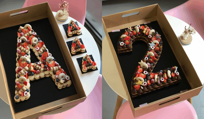 Letter and number cakes in our cardboard tray.