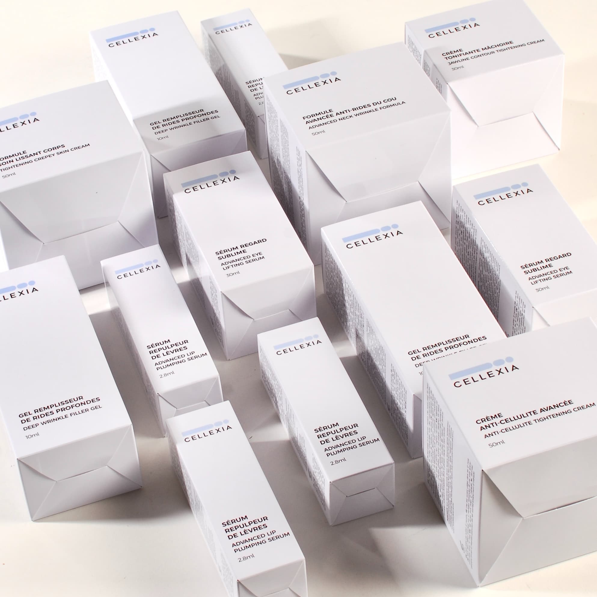 Collection of custom cosmetic boxes displayed at Cellexia, showcasing premium structures and luxury finishes for skincare products.